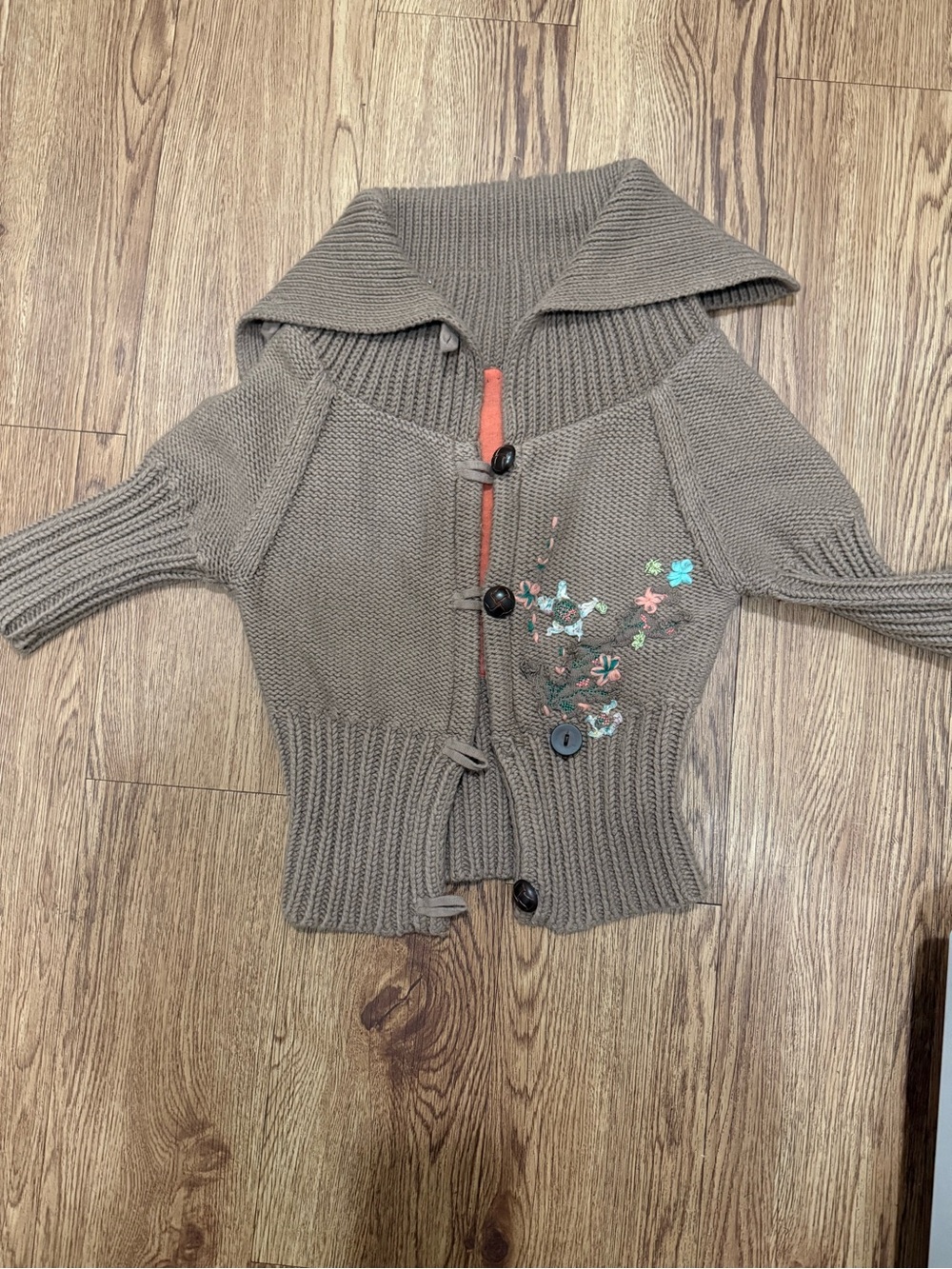Vintage Free People Taupe Chunky Knit Embroidered Cardigan Sweater XS